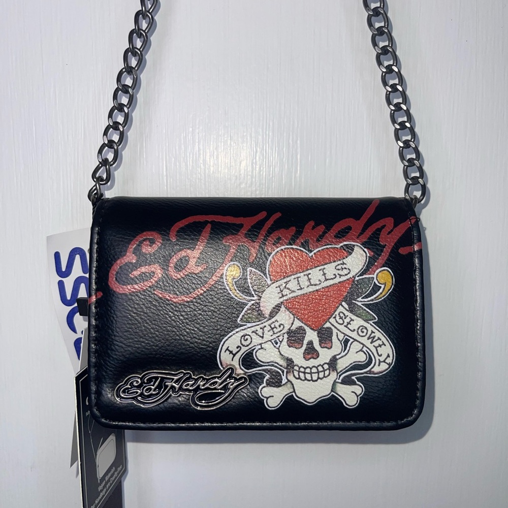 NWT Ed Hardy Black Skull Chain Clutch - Picture 2 of 10